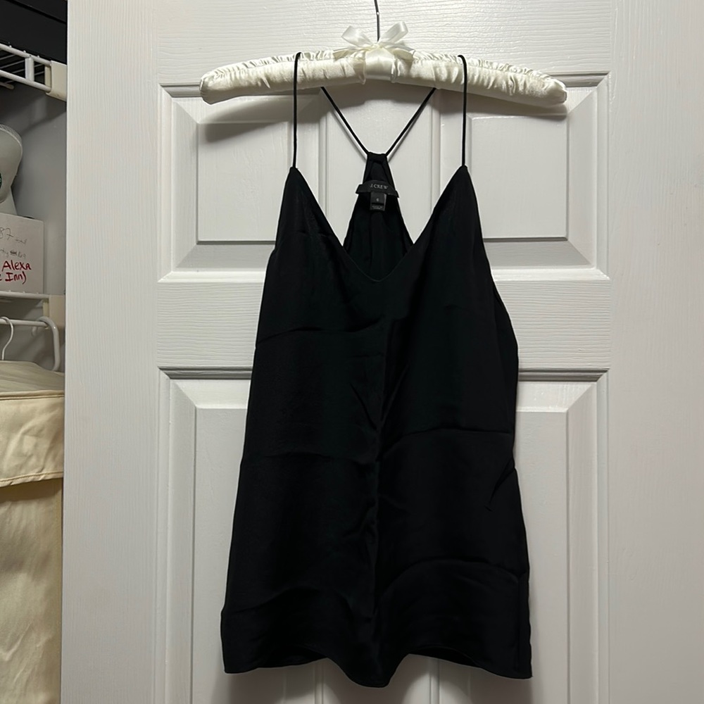 J Crew 100% silk black racer back tank. Size 6